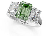 White gold Fancy Green Emerald Cut Three-Stone Diamond Ring with Prong Setting on a Classic Band_19