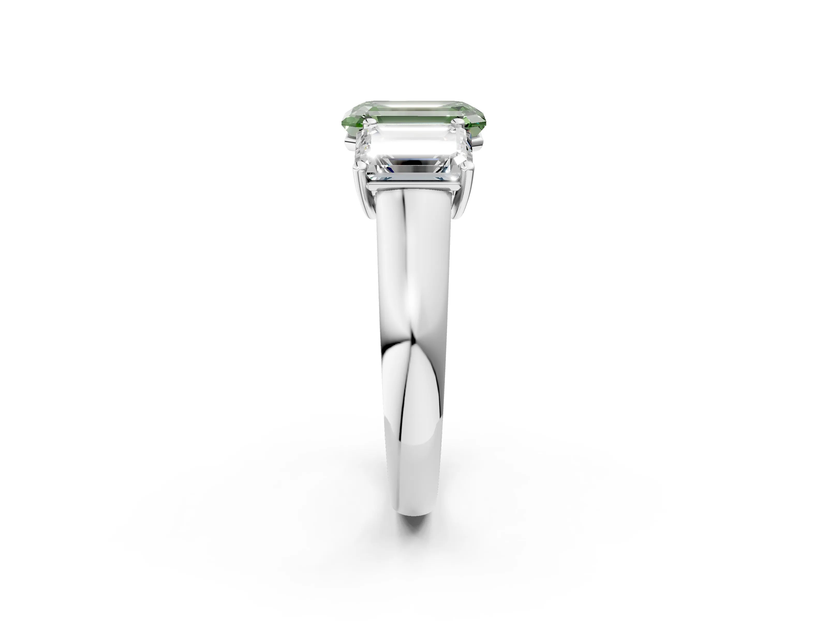 White gold Fancy Green Emerald Cut Three-Stone Diamond Ring with Prong Setting on a Classic Band_2