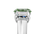 White gold Fancy Green Emerald Cut Three-Stone Diamond Ring with Prong Setting on a Classic Band_23