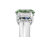 White gold Fancy Green Emerald Cut Three-Stone Diamond Ring with Prong Setting on a Classic Band_29