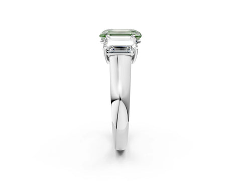 White gold Fancy Green Emerald Cut Three-Stone Diamond Ring with Prong Setting on a Classic Band_2
