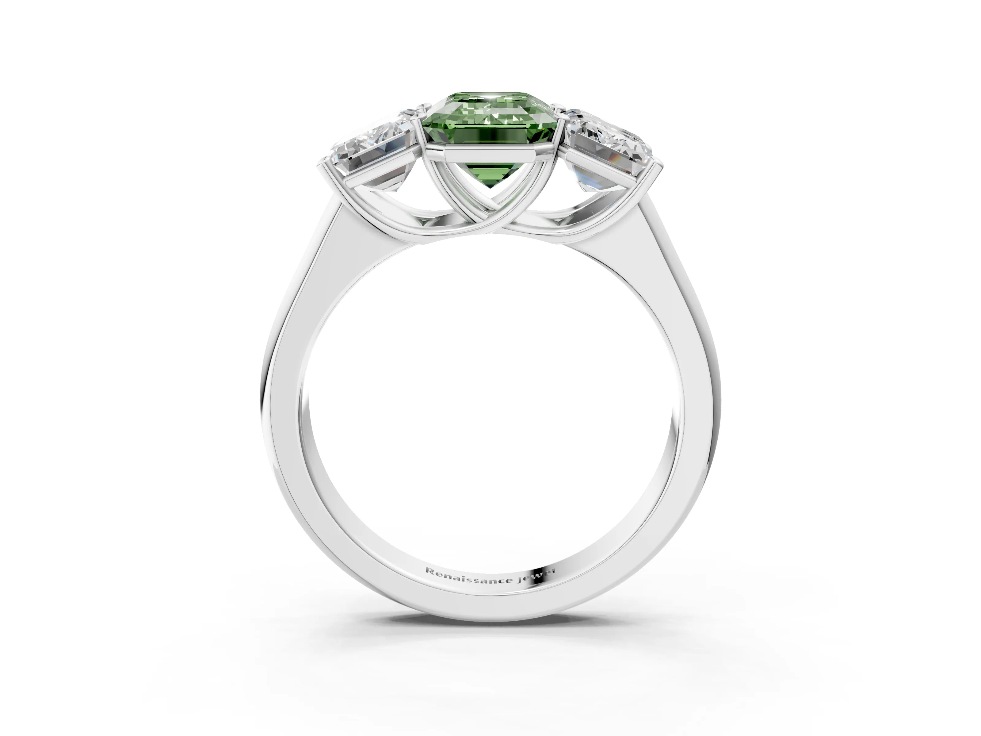 White gold Fancy Green Emerald Cut Three-Stone Diamond Ring with Prong Setting on a Classic Band_3