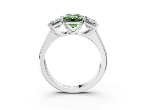 White gold Fancy Green Emerald Cut Three-Stone Diamond Ring with Prong Setting on a Classic Band_3