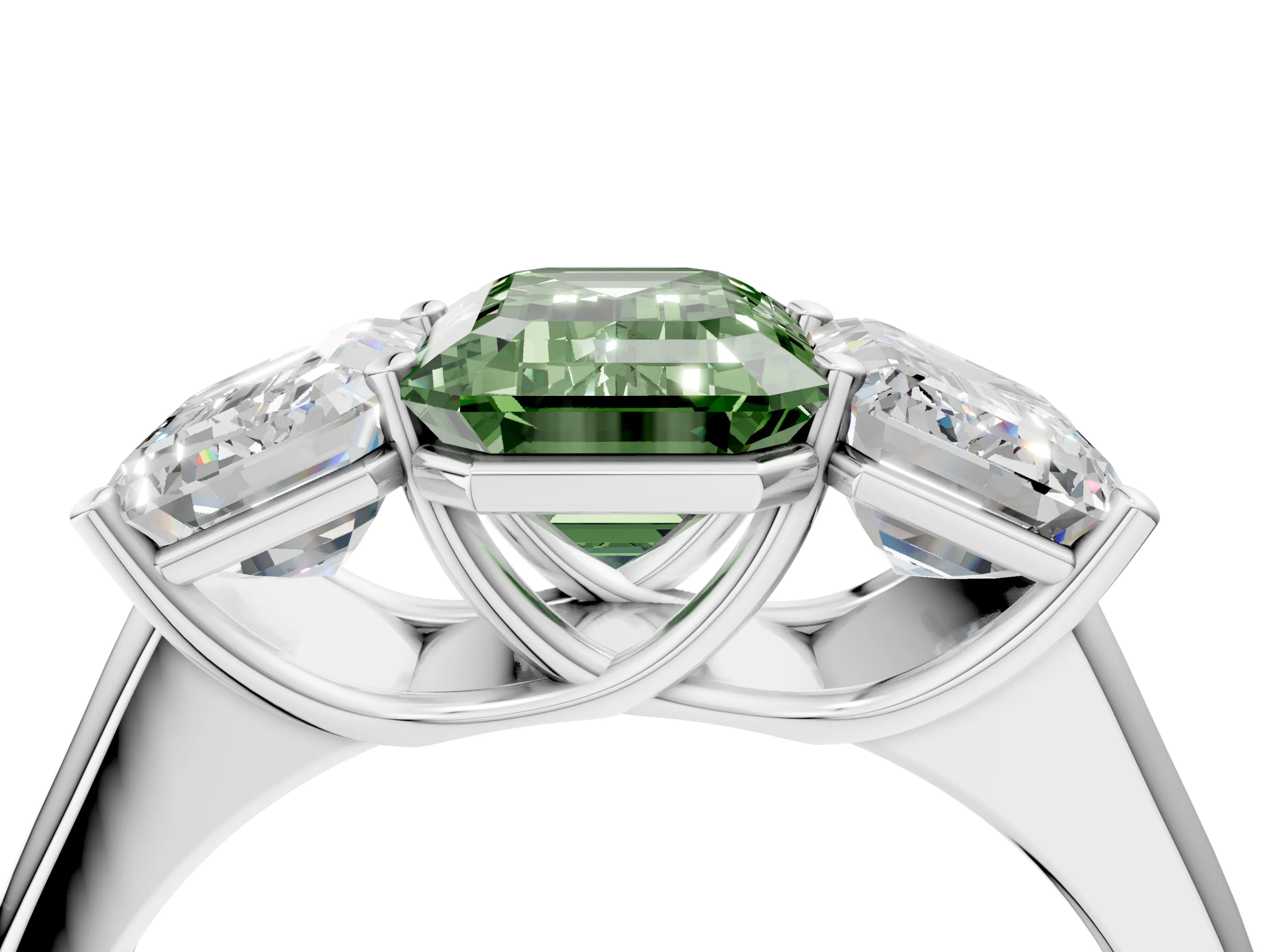 White gold Fancy Green Emerald Cut Three-Stone Diamond Ring with Prong Setting on a Classic Band_4