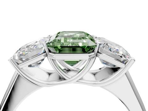White gold Fancy Green Emerald Cut Three-Stone Diamond Ring with Prong Setting on a Classic Band_4