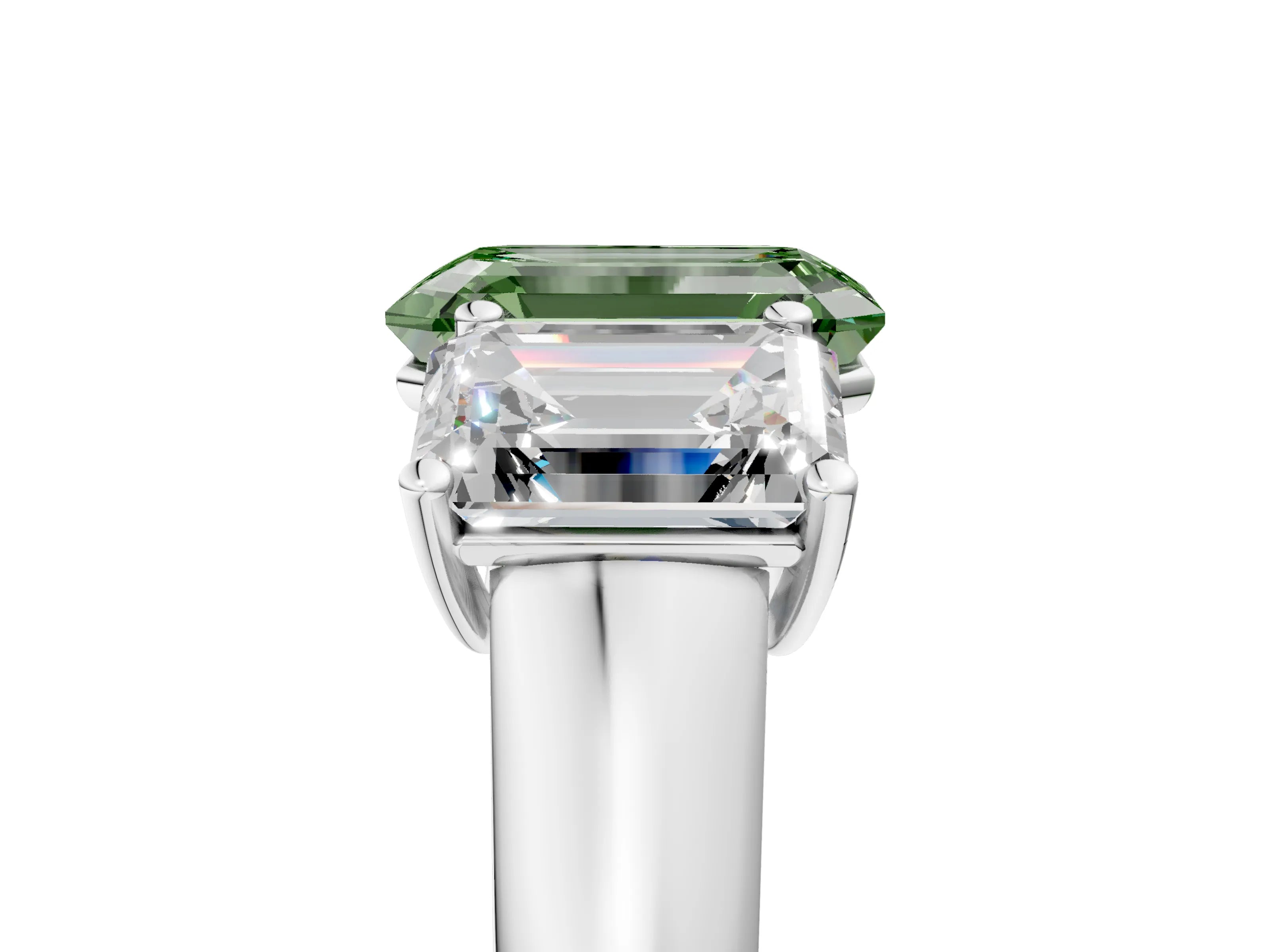 White gold Fancy Green Emerald Cut Three-Stone Diamond Ring with Prong Setting on a Classic Band_5