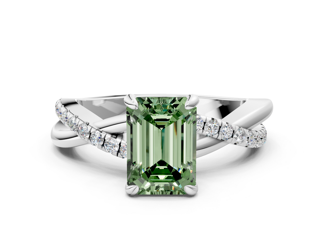 White gold Fancy Green Emerald  Cut Twist Band Solitaire Diamond Ring with Pavé Setting_3