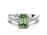 White gold Fancy Green Emerald  Cut Twist Band Solitaire Diamond Ring with Pavé Setting_3