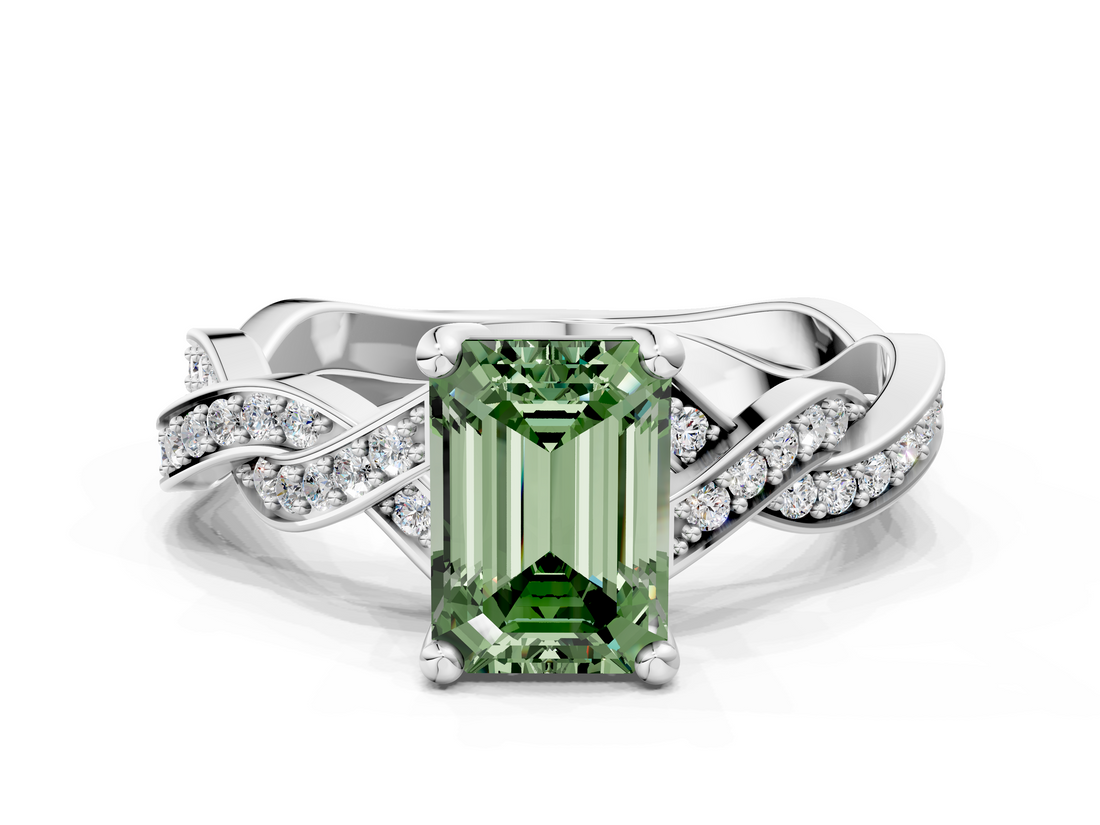 White gold Fancy Green Emerald  Cut Twisted Pavé Band Solitaire Ring with Four-Prong Setting_55
