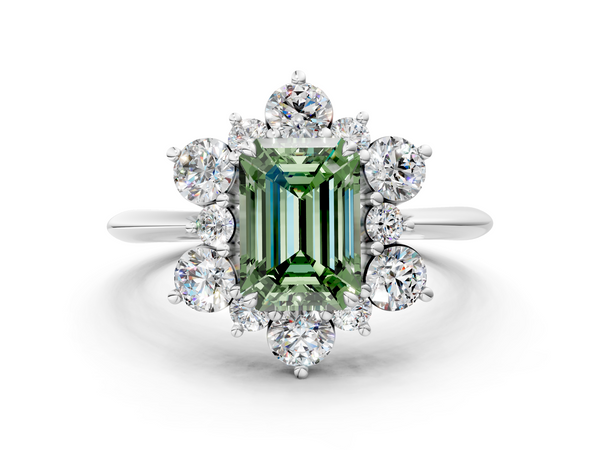 Platinum Fancy Green Emerald  Diamond Cluster Halo Ring with Solitaire Band and Four-Prong Setting