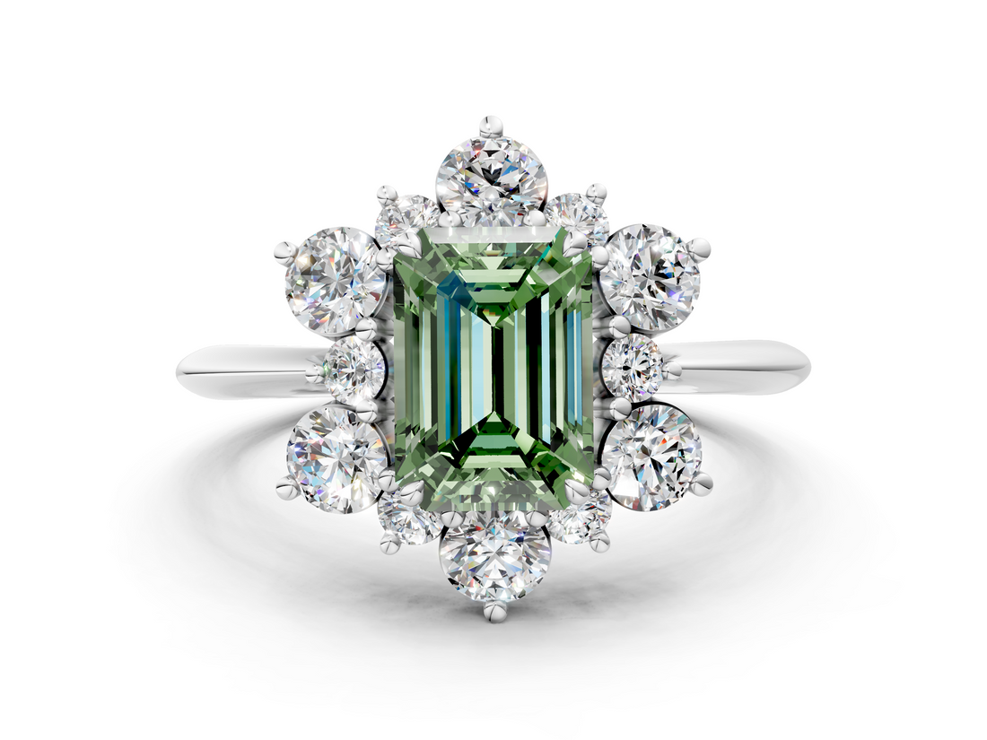 White gold Fancy Green Emerald  Diamond Cluster Halo Ring with Solitaire Band and Four-Prong Setting_20