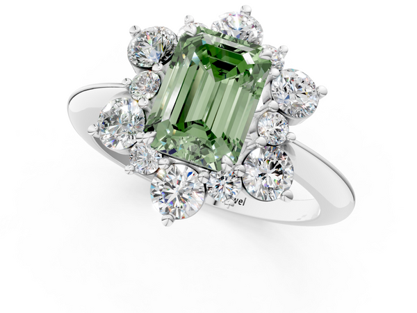 Platinum Fancy Green Emerald  Diamond Cluster Halo Ring with Solitaire Band and Four-Prong Setting