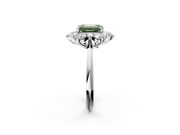Platinum Fancy Green Emerald  Diamond Cluster Halo Ring with Solitaire Band and Four-Prong Setting