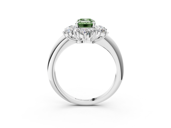 Platinum Fancy Green Emerald  Diamond Cluster Halo Ring with Solitaire Band and Four-Prong Setting