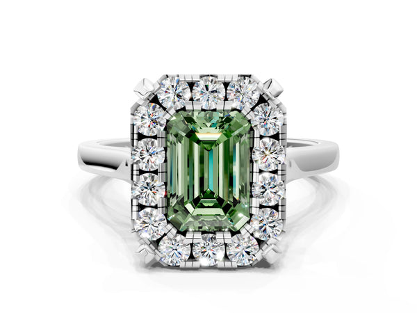 White gold Fancy Green Emerald  Diamond Cluster Halo Solitaire with Four-Prong Setting