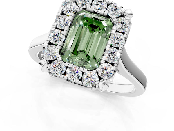 White gold Fancy Green Emerald  Diamond Cluster Halo Solitaire with Four-Prong Setting