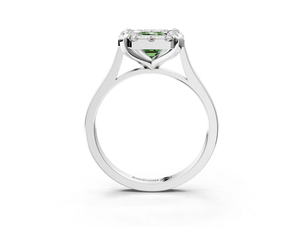 White gold Fancy Green Emerald  Diamond Cluster Halo Solitaire with Four-Prong Setting