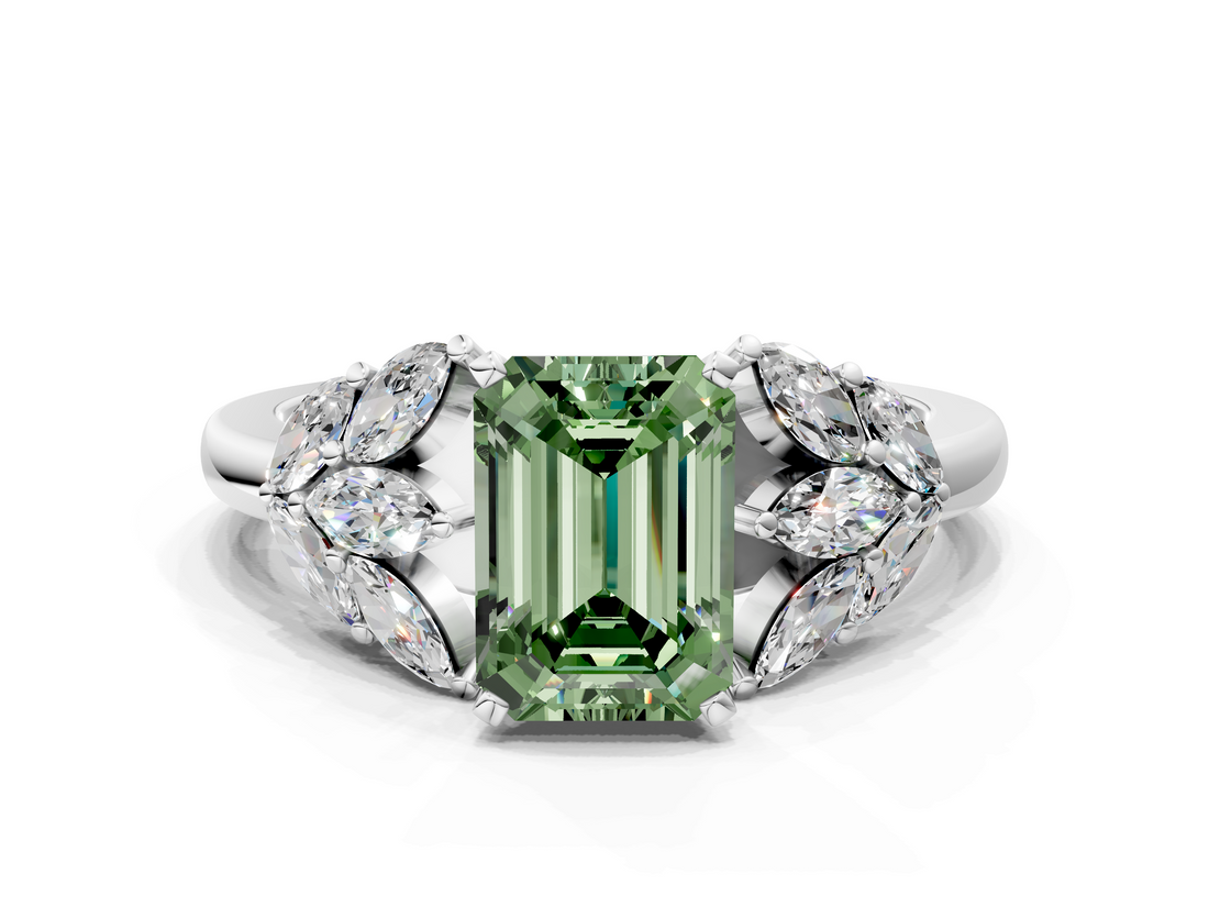 White gold Fancy Green Emerald  Diamond Cluster Leaf Design Ring with Prong Setting_69