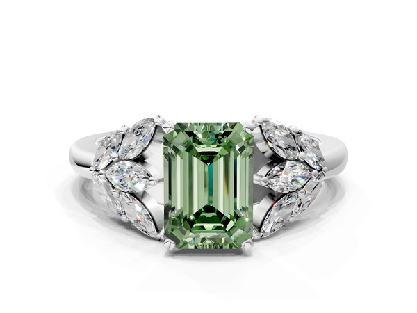 White gold Fancy Green Emerald  Diamond Cluster Leaf Design Ring with Prong Setting