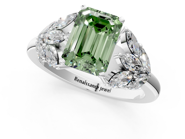 White gold Fancy Green Emerald  Diamond Cluster Leaf Design Ring with Prong Setting