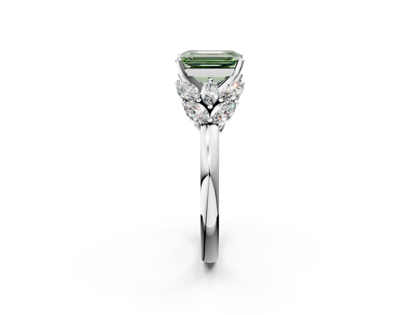 White gold Fancy Green Emerald  Diamond Cluster Leaf Design Ring with Prong Setting