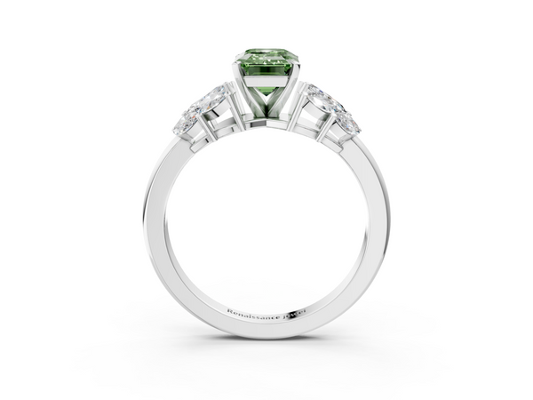 White gold Fancy Green Emerald  Diamond Cluster Leaf Design Ring with Prong Setting