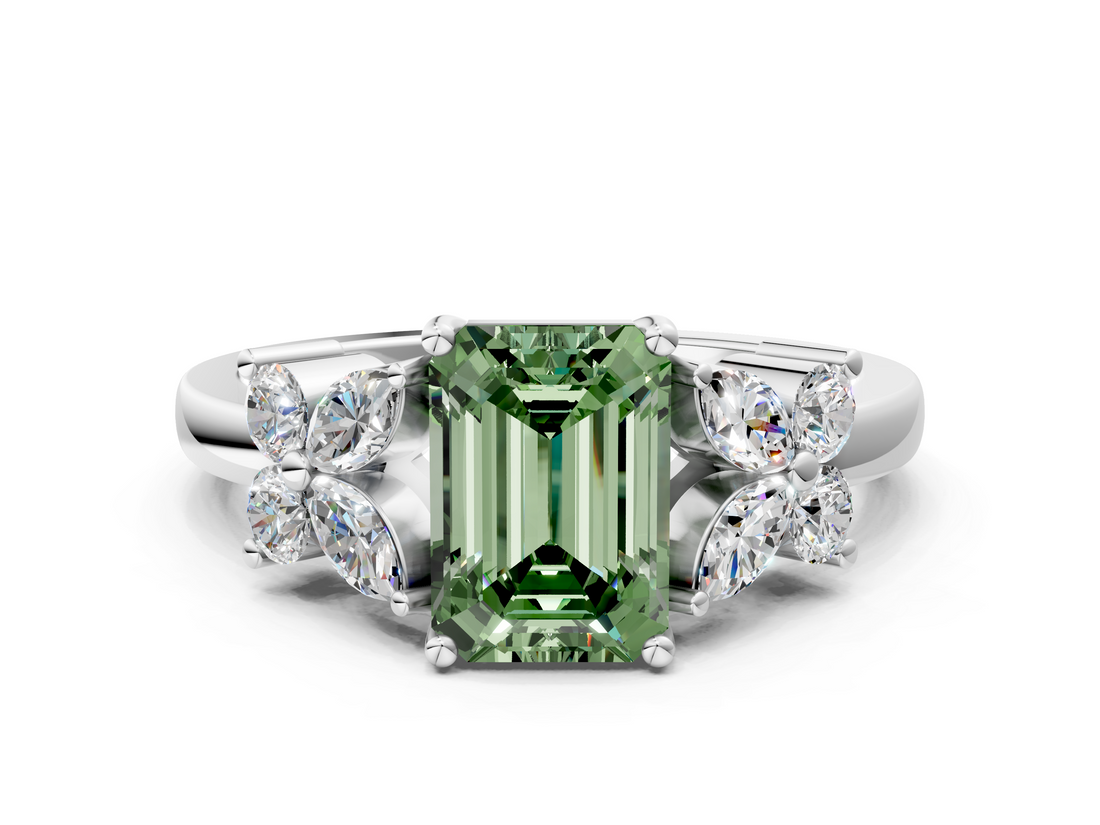 White gold Fancy Green Emerald  Diamond Floral Cluster Ring with Solitaire Band and Prong Setting_31