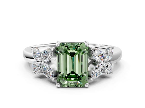 Platinum Fancy Green Emerald  Diamond Floral Cluster Ring with Solitaire Band and Prong Setting