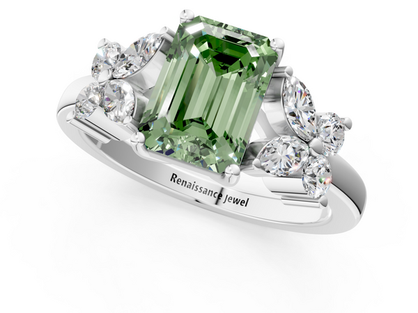 Platinum Fancy Green Emerald  Diamond Floral Cluster Ring with Solitaire Band and Prong Setting