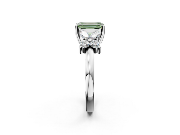Platinum Fancy Green Emerald  Diamond Floral Cluster Ring with Solitaire Band and Prong Setting
