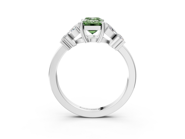 Platinum Fancy Green Emerald  Diamond Floral Cluster Ring with Solitaire Band and Prong Setting