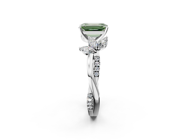 White gold Fancy Green Emerald  Diamond Floral Vine Solitaire Engagement Ring