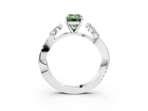 White gold Fancy Green Emerald  Diamond Floral Vine Solitaire Engagement Ring