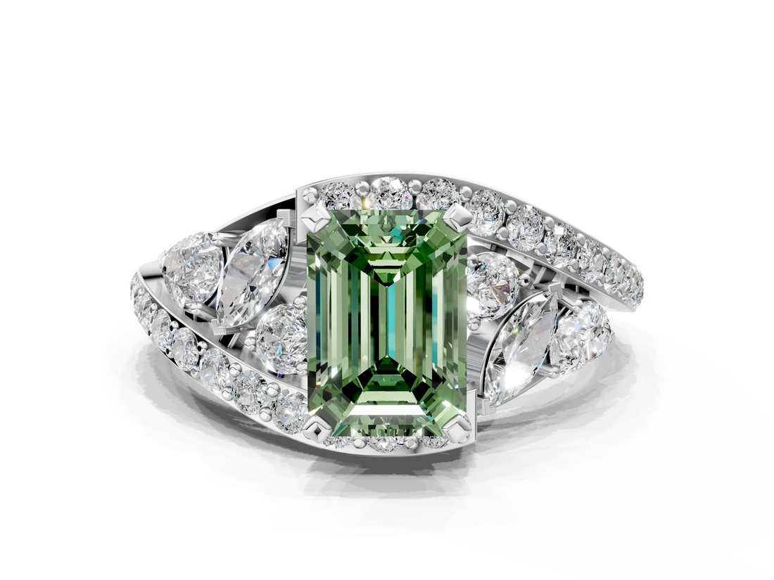White gold Fancy Green Emerald  Diamond Halo Ring with Marquise and Pavé Band in Prong Setting_90