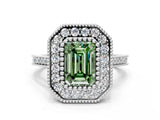 White gold Fancy Green Emerald  Diamond Halo Ring with Milgrain Frame and Pavé Band_87