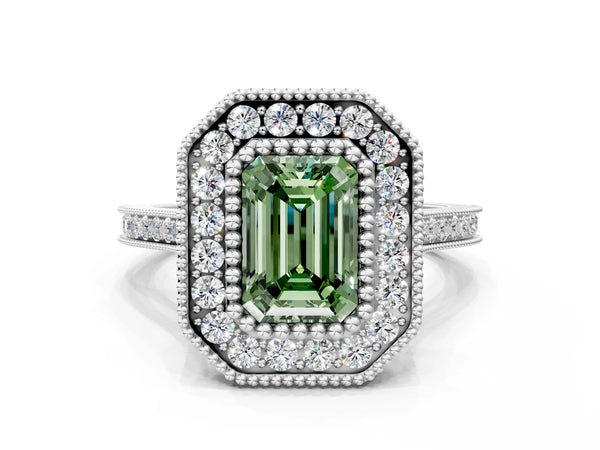 White gold Fancy Green Emerald  Diamond Halo Ring with Milgrain Frame and Pavé Band