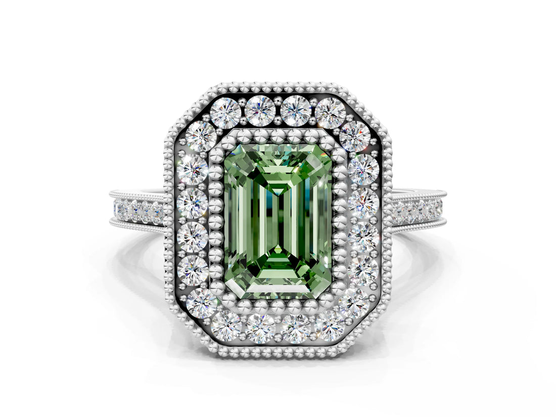 White gold Fancy Green Emerald  Diamond Halo Ring with Milgrain Frame and Pavé Band_88