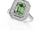 White gold Fancy Green Emerald  Diamond Halo Ring with Milgrain Frame and Pavé Band_88