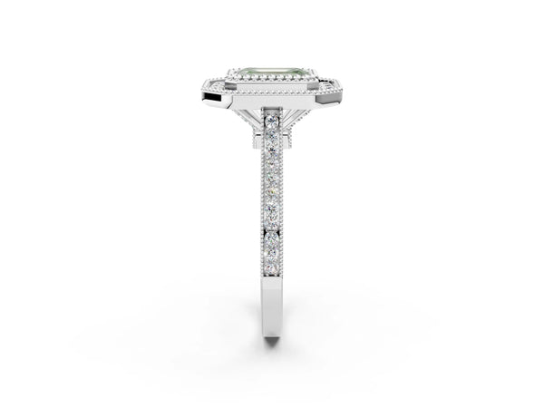 White gold Fancy Green Emerald  Diamond Halo Ring with Milgrain Frame and Pavé Band