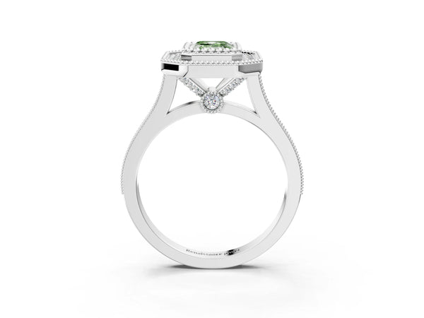 White gold Fancy Green Emerald  Diamond Halo Ring with Milgrain Frame and Pavé Band