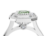 White gold Fancy Green Emerald  Diamond Halo Ring with Milgrain Frame and Pavé Band_92