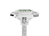 White gold Fancy Green Emerald  Diamond Halo Ring with Milgrain Frame and Pavé Band_92