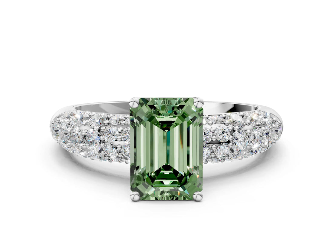 White gold Fancy Green Emerald  Diamond Pavé Band Solitaire Ring with Four-Prong Setting_49