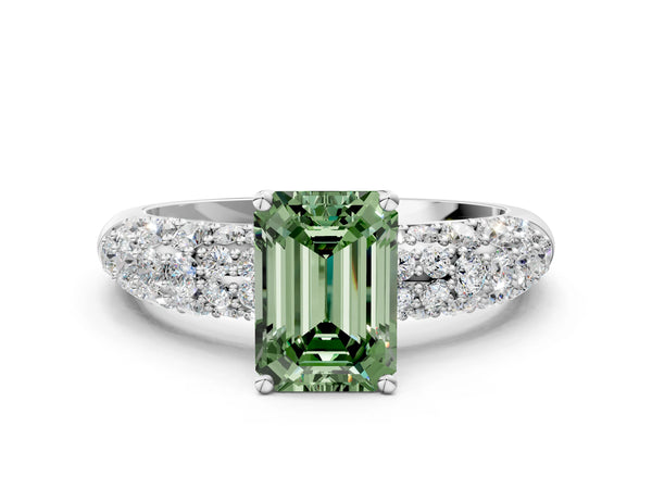 Platinum Fancy Green Emerald  Diamond Pavé Band Solitaire Ring with Four-Prong Setting