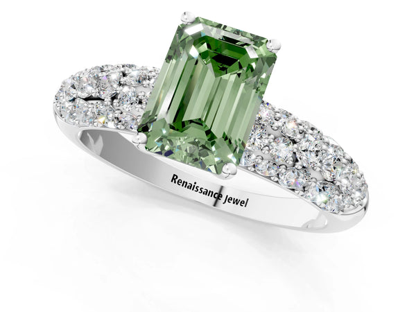 Platinum Fancy Green Emerald  Diamond Pavé Band Solitaire Ring with Four-Prong Setting