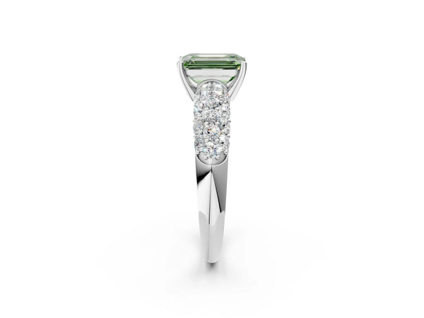 Platinum Fancy Green Emerald  Diamond Pavé Band Solitaire Ring with Four-Prong Setting