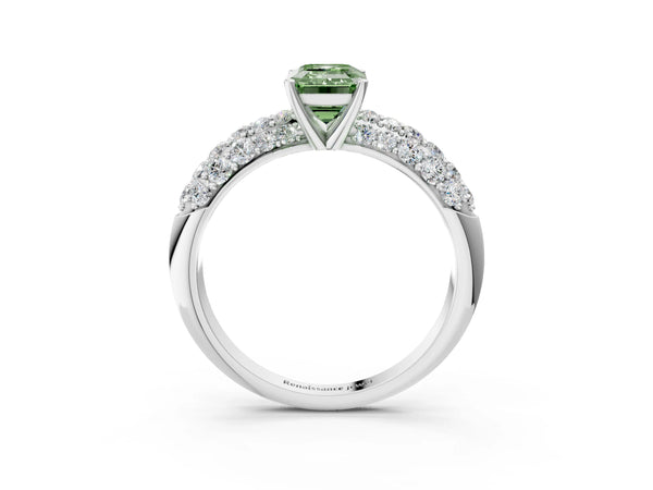 Platinum Fancy Green Emerald  Diamond Pavé Band Solitaire Ring with Four-Prong Setting