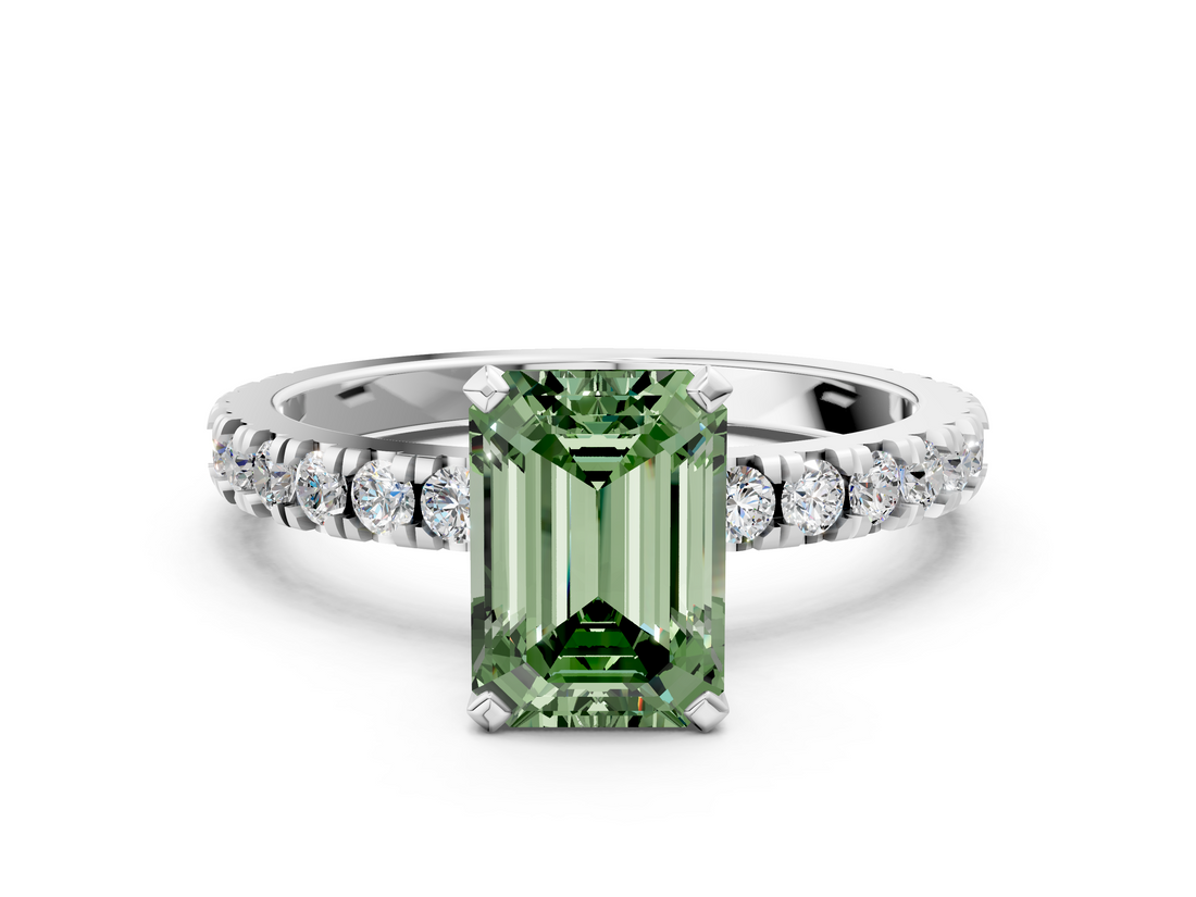 White gold Fancy Green Emerald  Diamond Pavé Band Solitaire with Four-Prong Setting_179