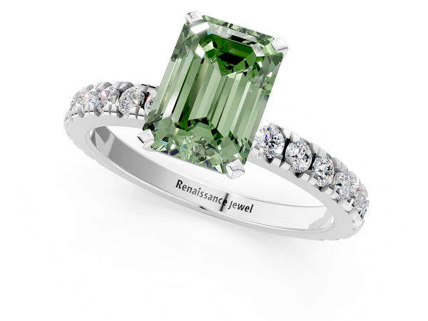 White gold Fancy Green Emerald  Diamond Pavé Band Solitaire with Four-Prong Setting