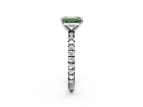 White gold Fancy Green Emerald  Diamond Pavé Band Solitaire with Four-Prong Setting